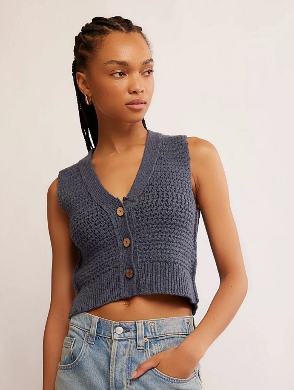 Free People Ava Knit Vest in Charcoal Blue